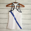 Practice tank - white w/blue diagonal stripes